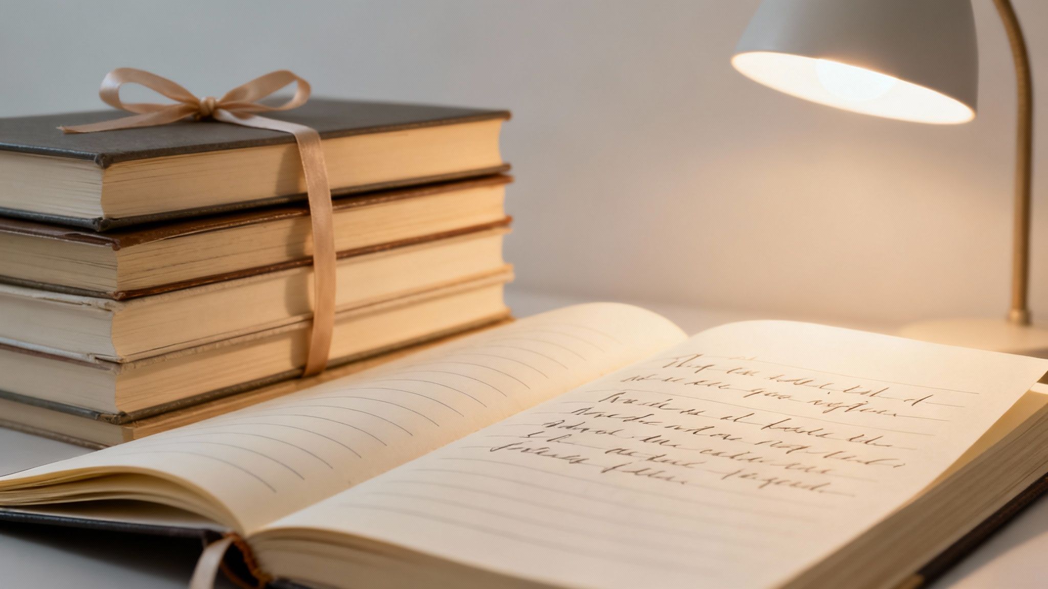 An illuminated desk with a stack of ribbon-bound books and an open handwritten diary.