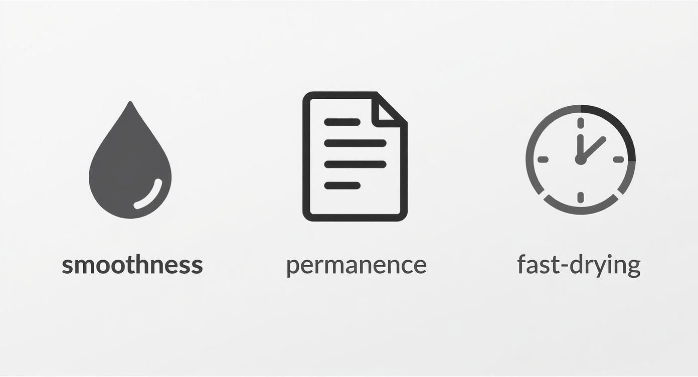 Infographic showcasing the qualities of good ballpoint ink Smoothness, Permanence, and Fast-Drying.