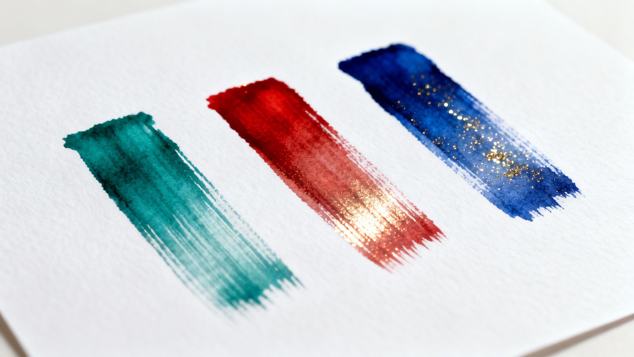Three vibrant watercolor swatches with metallic shimmer on white paper: teal, red with gold, and blue with glitter.