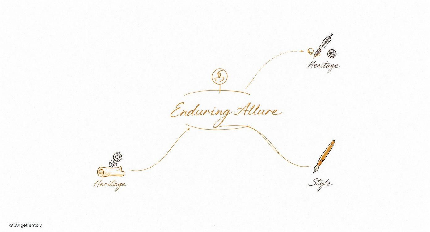 Elegant brand identity diagram showing Enduring Allure concept with Heritage and Style elements illustrated