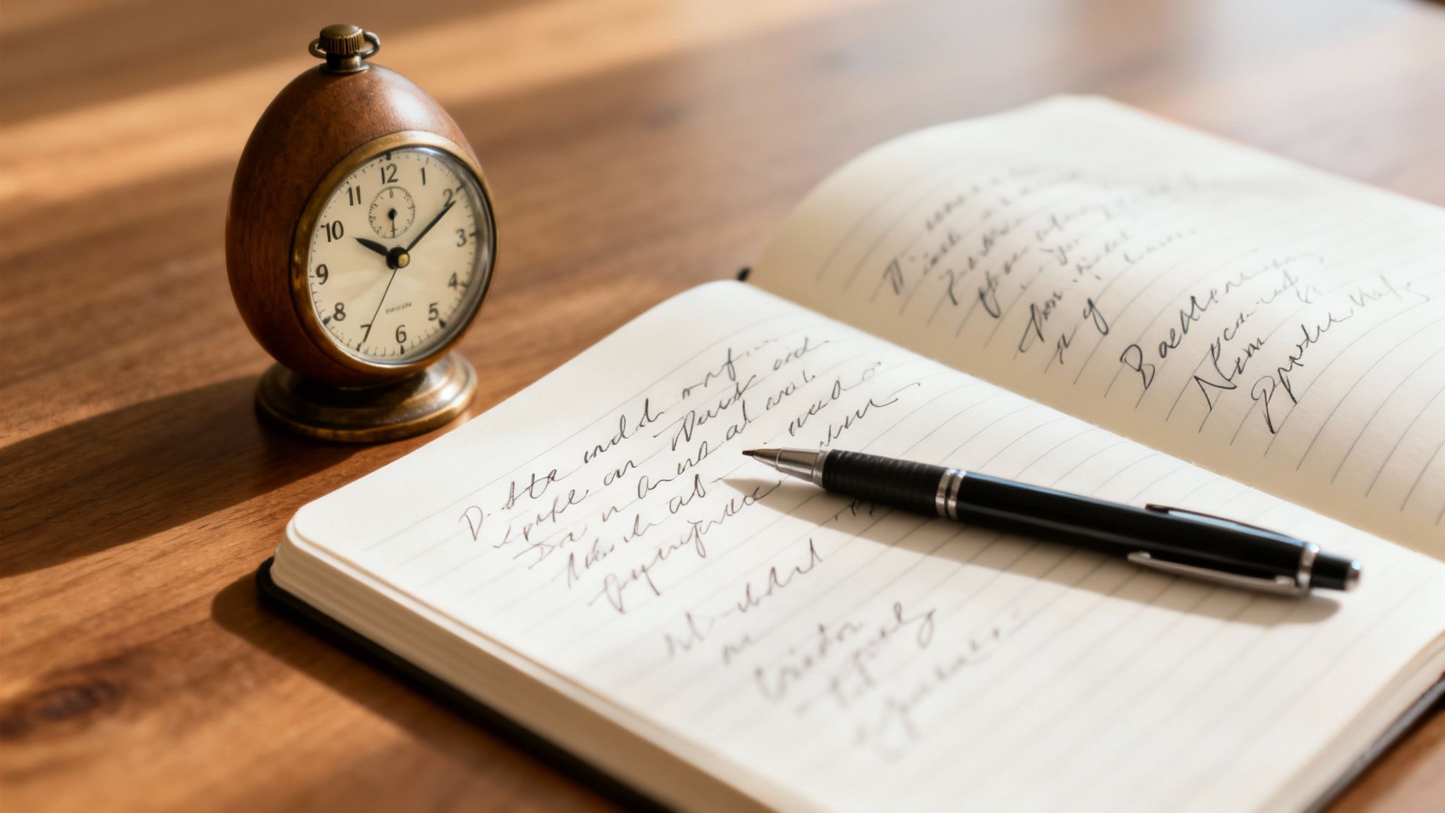 An open notebook with handwritten text and a pen next to a vintage wooden alarm clock on a desk.