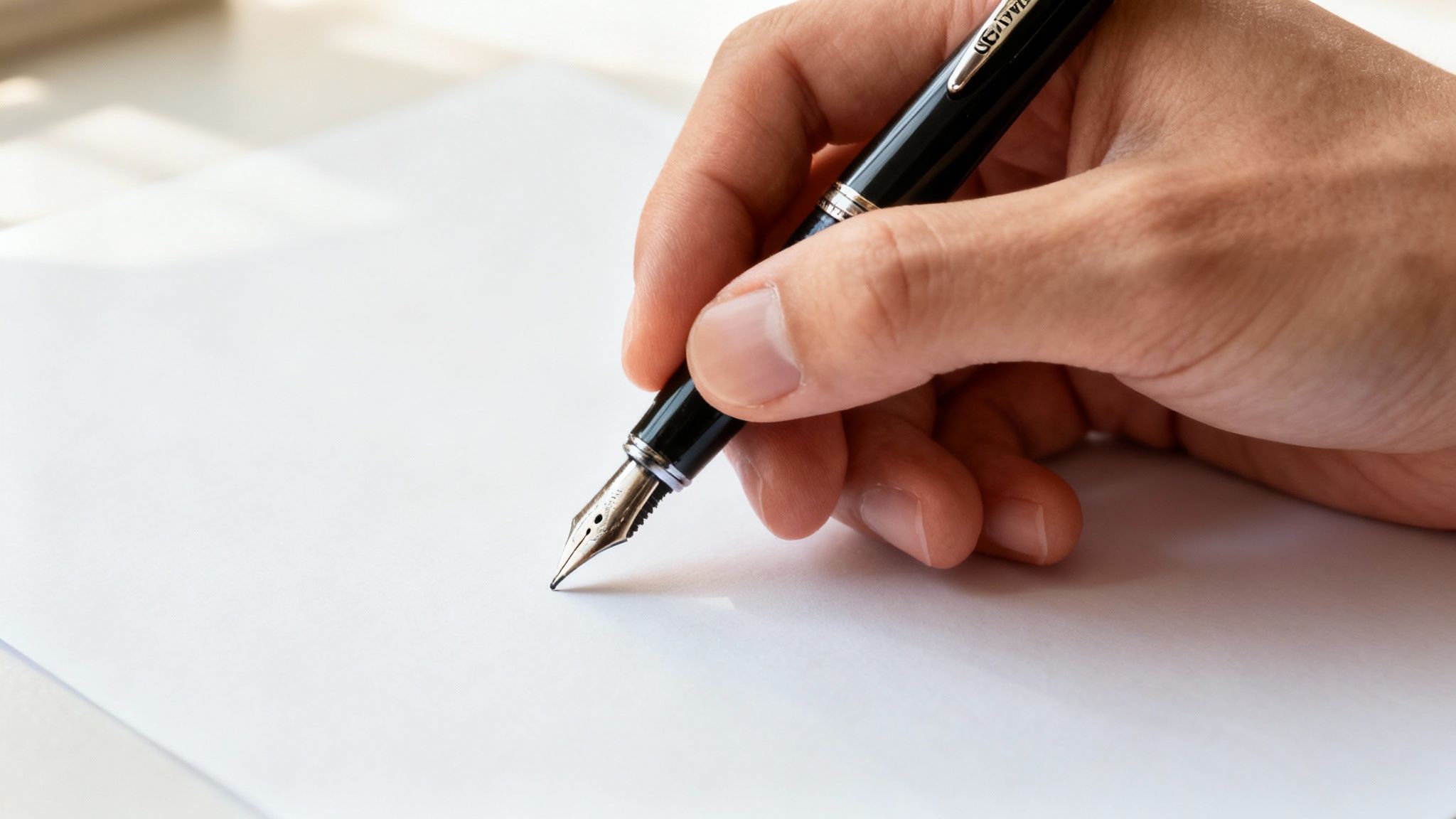 A person holding a Scriveiner fountain pen, demonstrating a relaxed grip over a piece of paper.