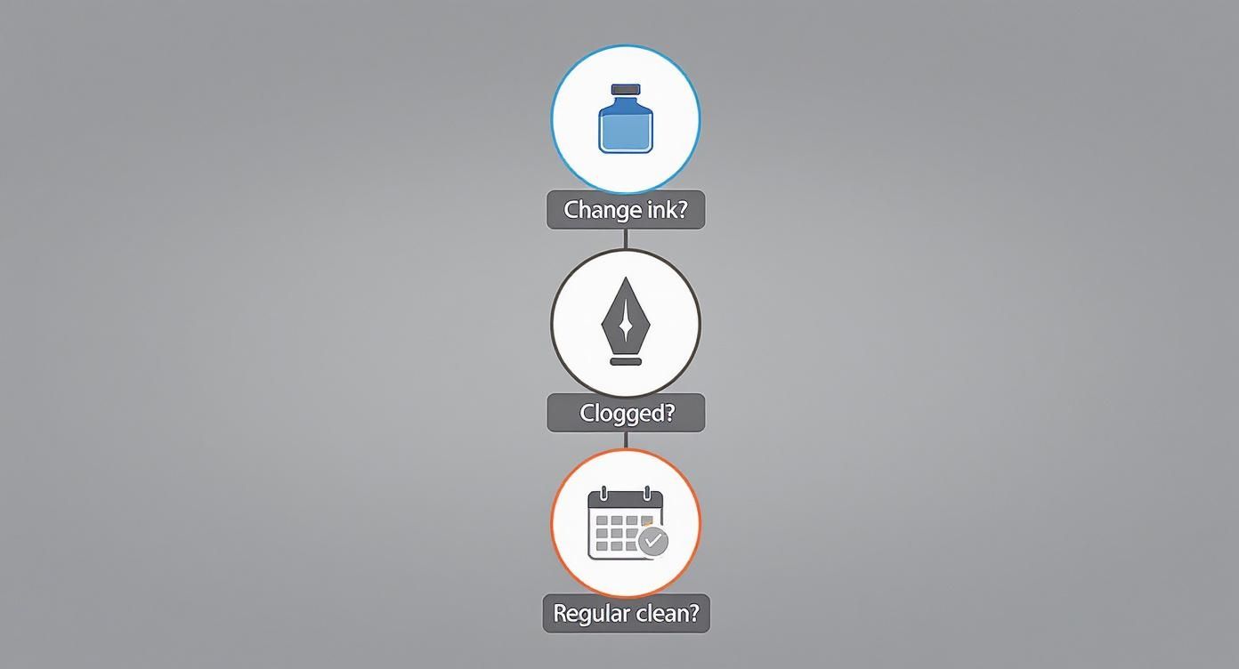 A flowchart detailing steps for fountain pen care: change ink, check for clogs, and regular cleaning.