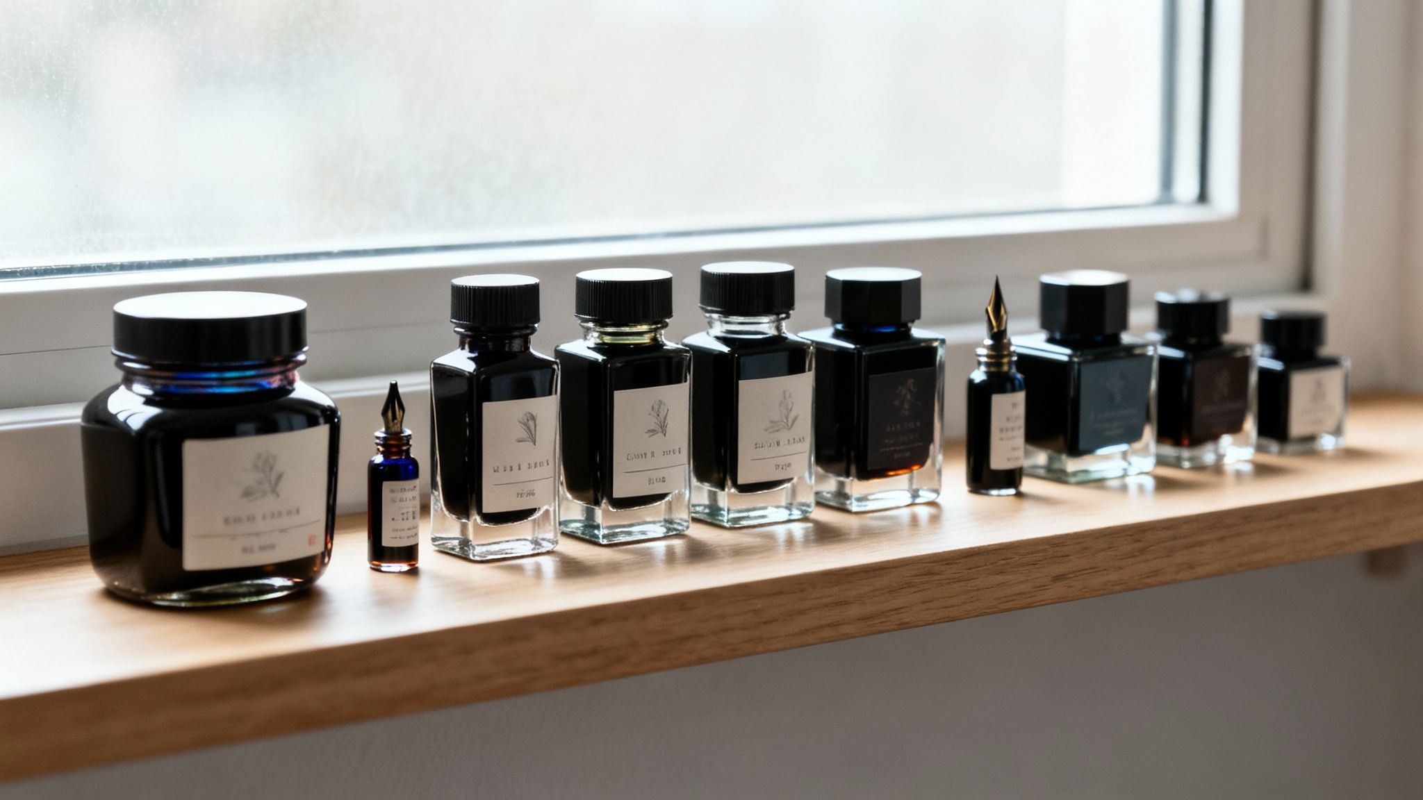A collection of dark ink bottles and two dip pens displayed on a wooden windowsill.