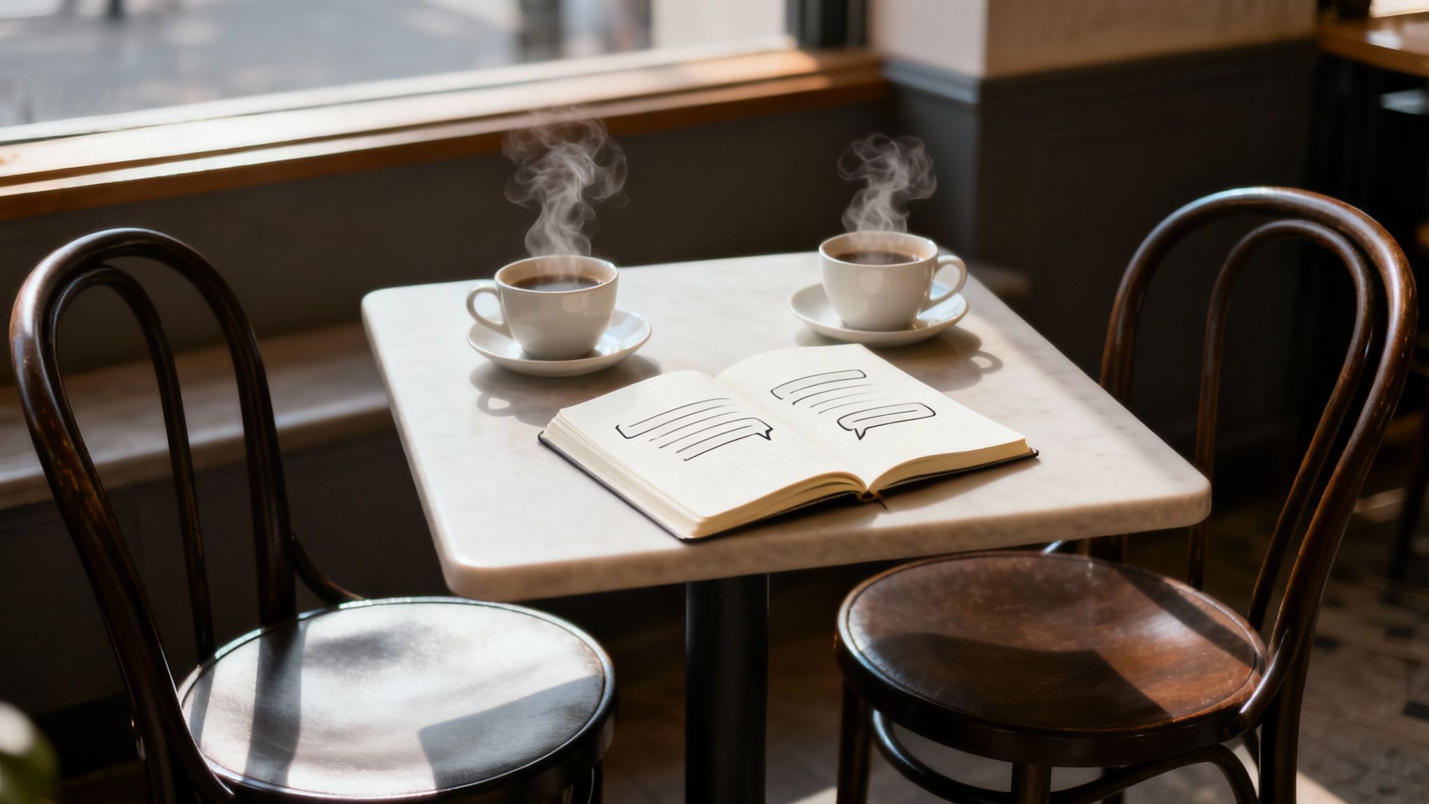 Two steaming coffee cups and an open notebook with writing prompts on a cafe table, bathed in sunlight.