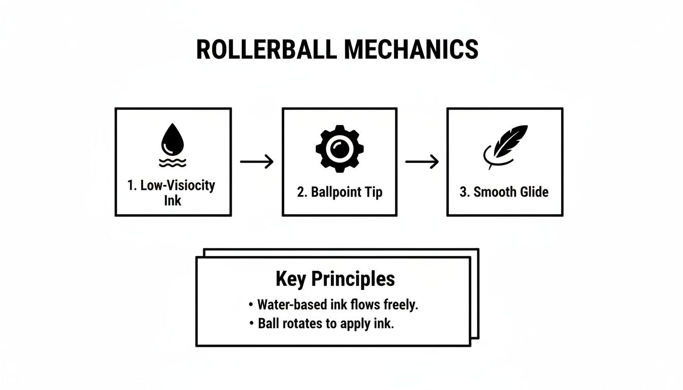 A diagram illustrates rollerball pen mechanics, detailing the flow from low-viscosity ink to a smooth glide.
