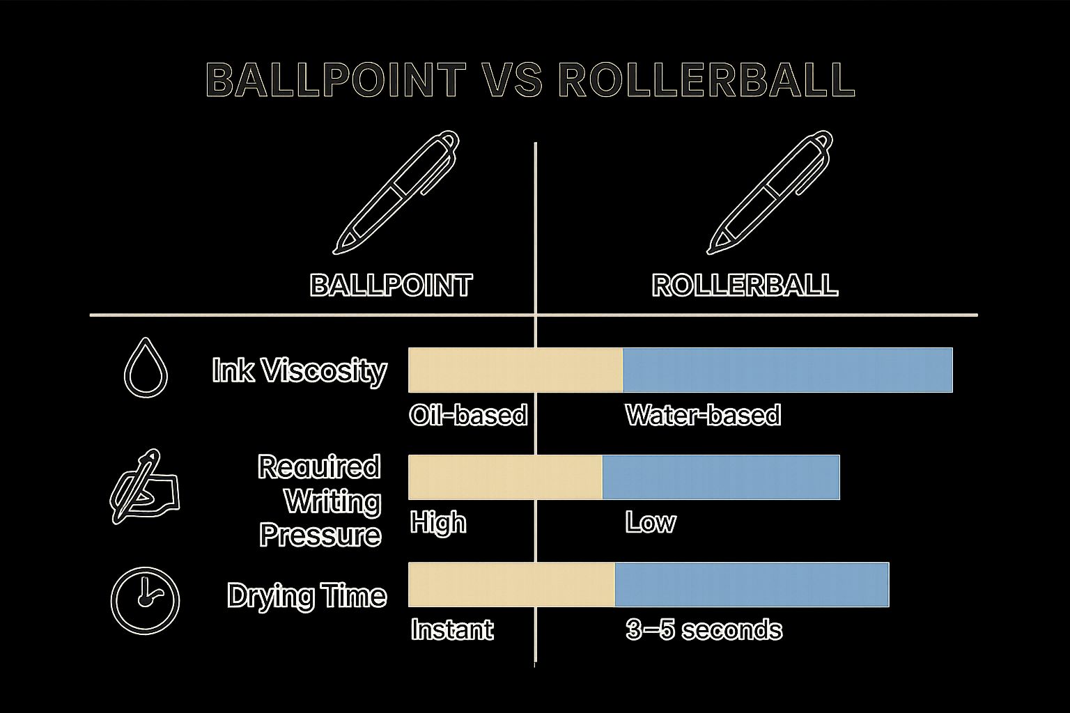 Infographic comparing the ink viscosity, required writing pressure, and drying time of ballpoint and rollerball pens.