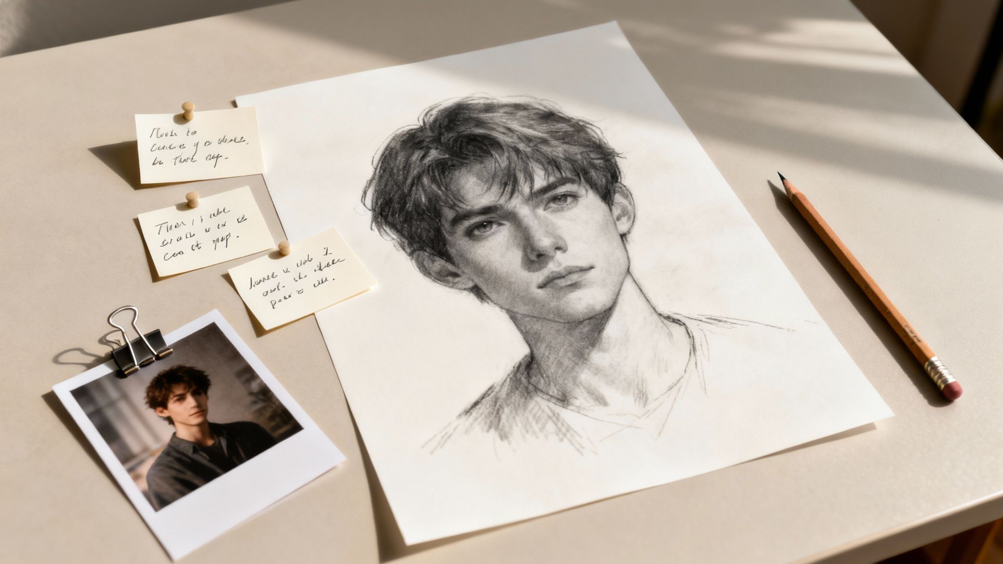 A creative desk setup featuring a portrait sketch, a photo, and inspirational sticky notes.