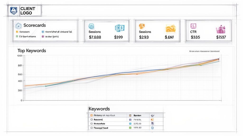 A sketched dashboard displaying client logo, scorecards, a top keywords line graph, and a keywords table.