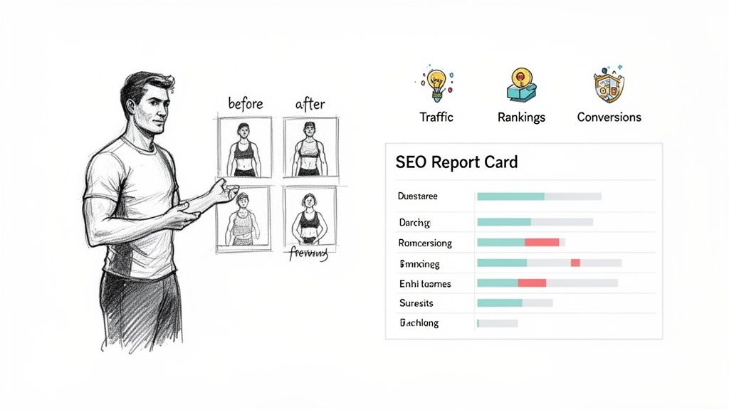 A man presents fitness transformation photos alongside an SEO report card showing performance metrics.