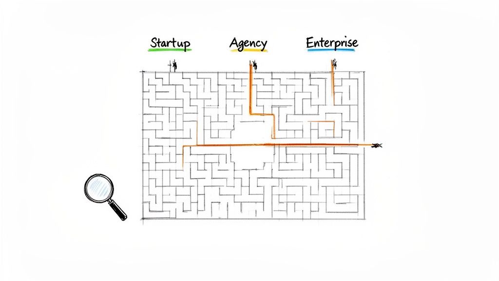 Illustration of a maze with 'Startup', 'Agency', 'Enterprise' paths, showing different routes to an exit.