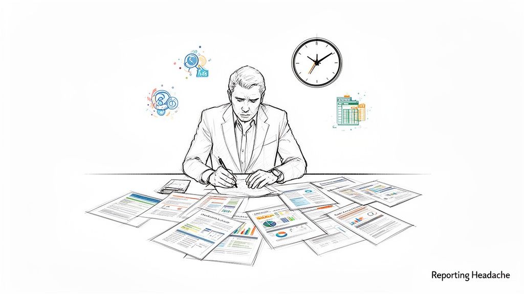 Illustration of a frustrated businessman overwhelmed by scattered financial reports, data, and time pressure.