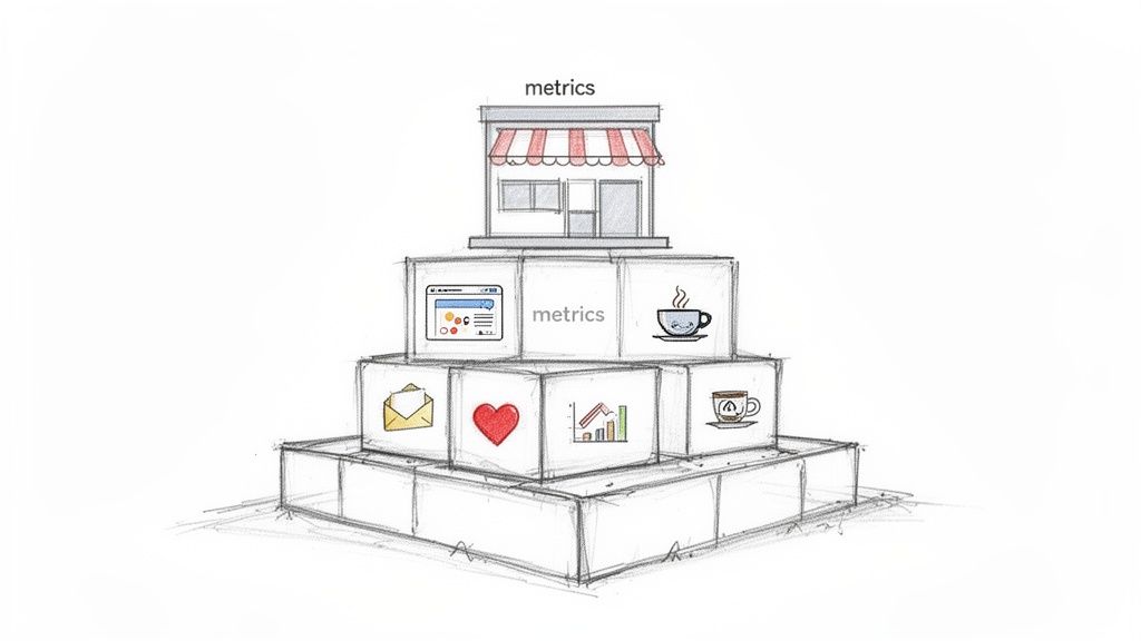 A visual representation of business metrics, with various icons on blocks building up to a store.