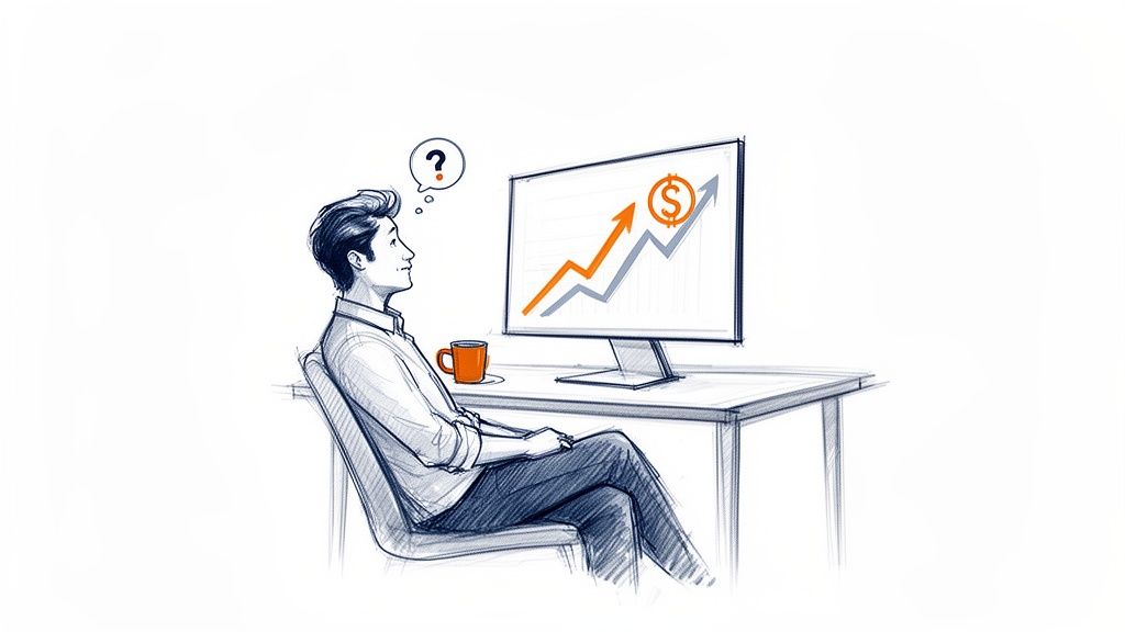 Sketch of a man looking at a computer monitor displaying a rising financial graph.