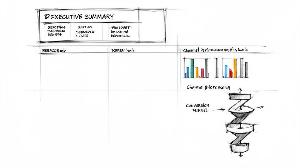Hand-drawn sketch of a business report featuring an executive summary, channel performance charts, and a conversion funnel.