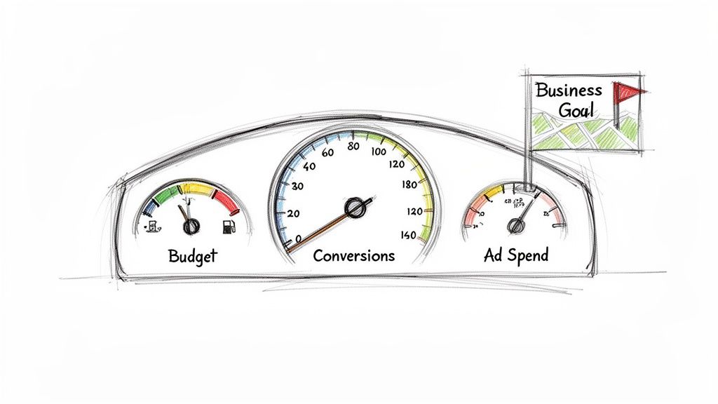 A hand-drawn marketing dashboard with gauges for budget, conversions, ad spend, and a business goal.
