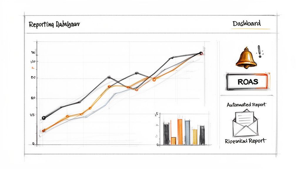 Hand-drawn sketch of an analytics dashboard showing line graphs, bar charts, and report generation options.