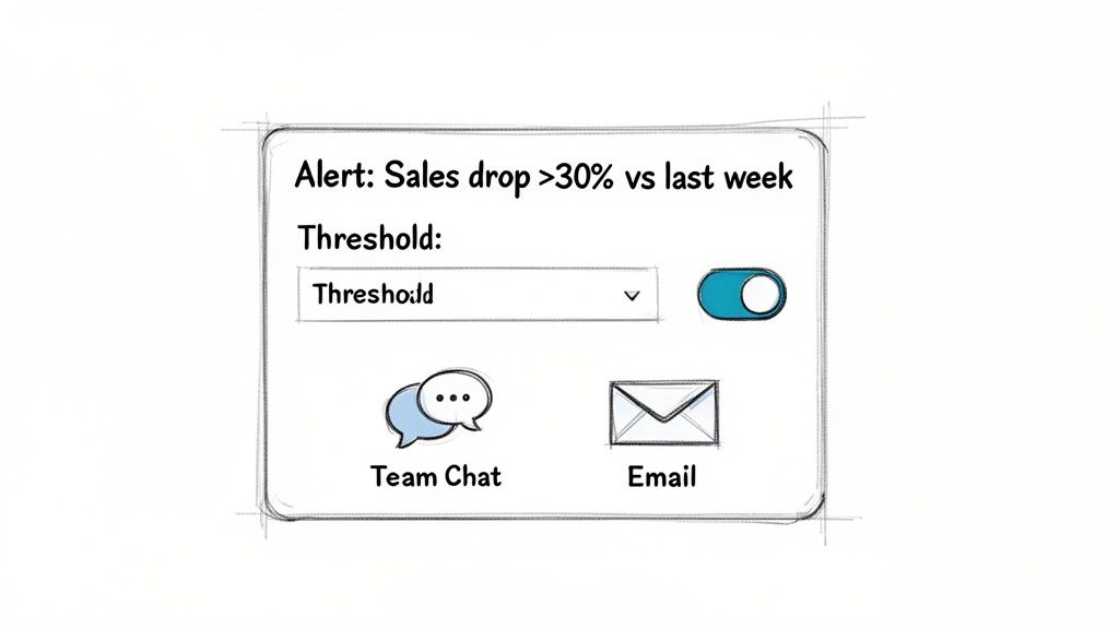 User interface for configuring a sales drop alert with threshold and notification methods.