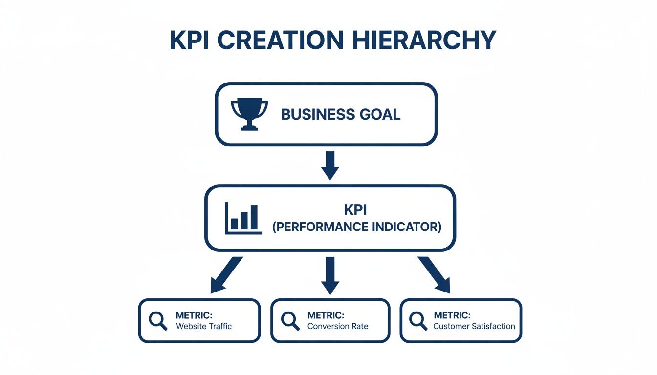 A hierarchical diagram showing the relationship between business goals, KPIs, and metrics.