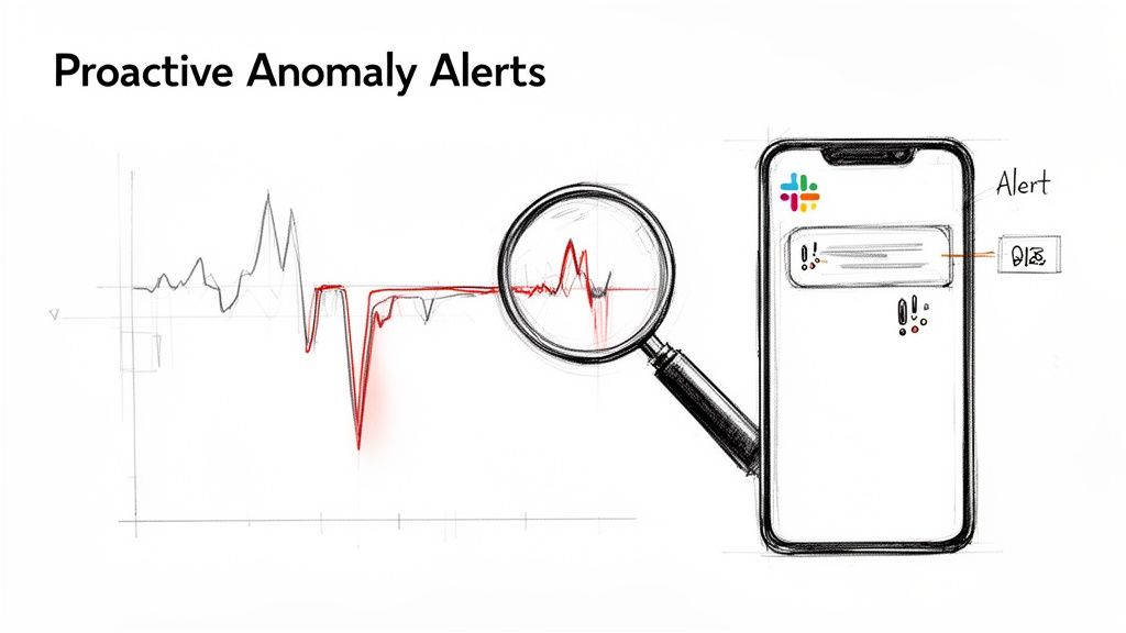 A graph showing data anomalies, magnified by a loupe, triggering a proactive alert notification on a smartphone with the Slack logo.