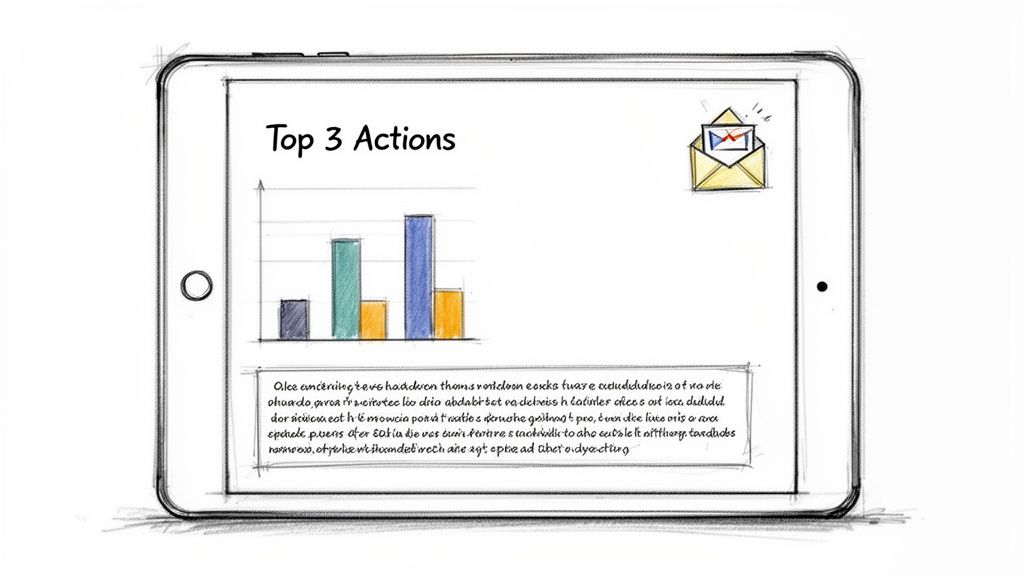 A sketched tablet displays 'Top 3 Actions' with a bar chart and an email notification icon.