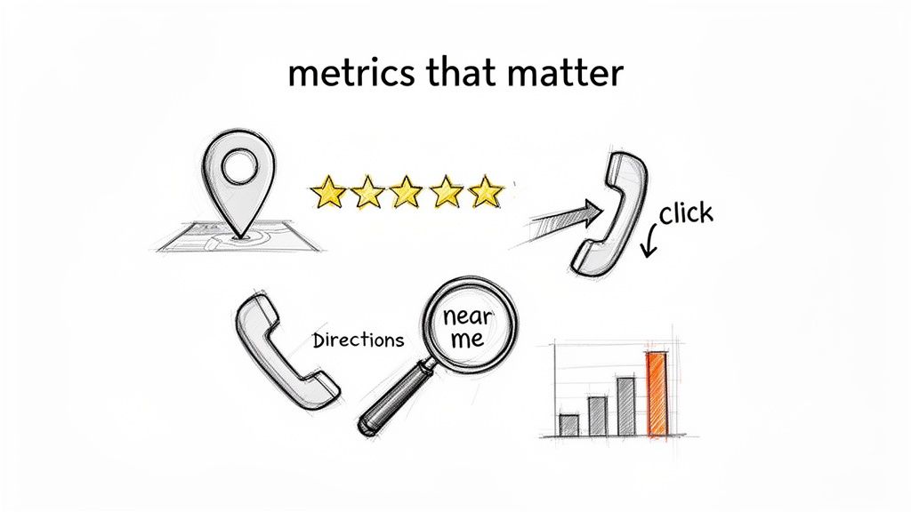 Illustration of key local SEO metrics: map location, 5-star rating, call clicks, directions, near me searches, and performance graph.