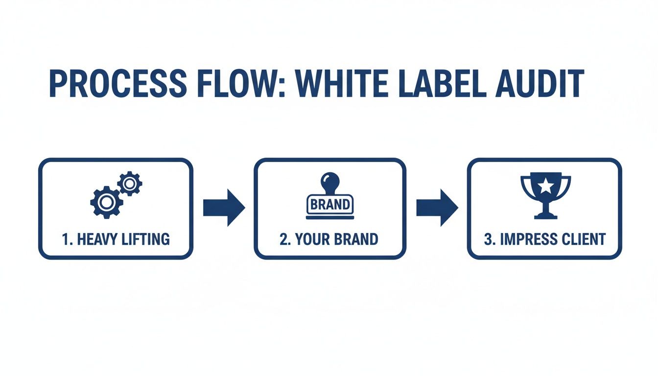 A process flow diagram detailing a white label audit with three steps: Heavy Lifting, Your Brand, Impress Client.