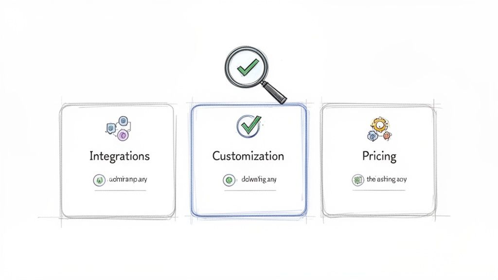 Three cards presenting Integrations, Customization, and Pricing, with Customization highlighted by a magnifying glass.