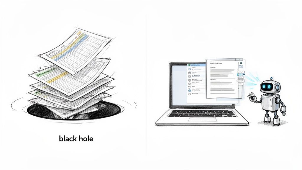 Paper reports disappear into a black hole, while a robot presents digital reports on a laptop.
