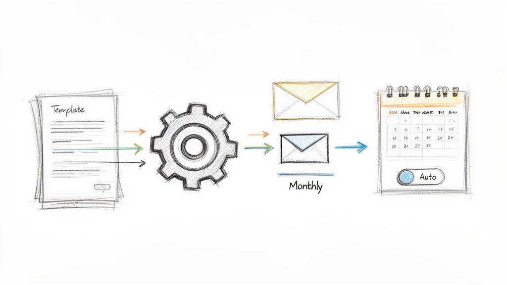 Workflow diagram illustrating a template processed into monthly emails and an automated calendar schedule.