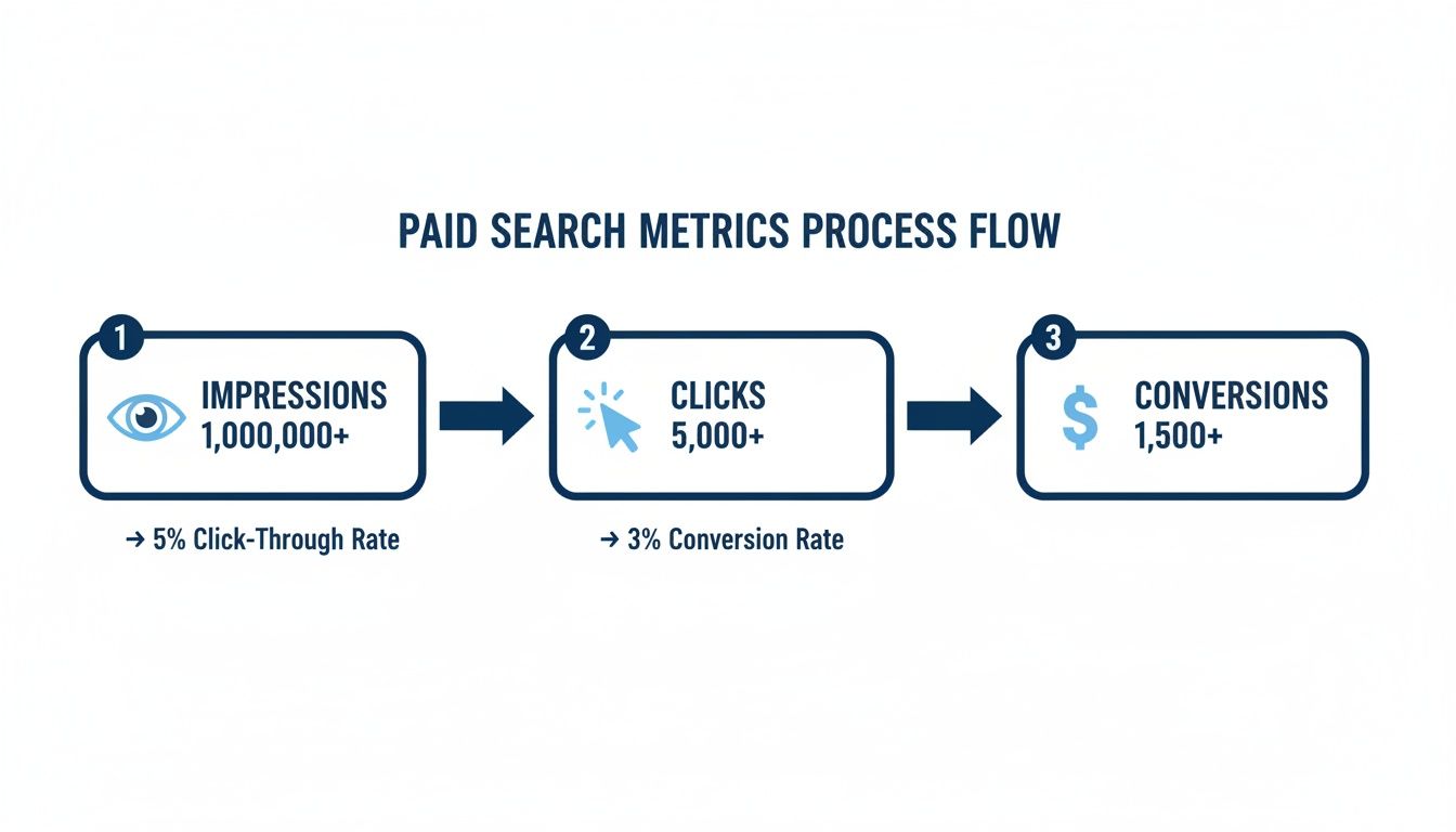 A flow chart illustrating paid search metrics process from impressions to clicks and conversions.