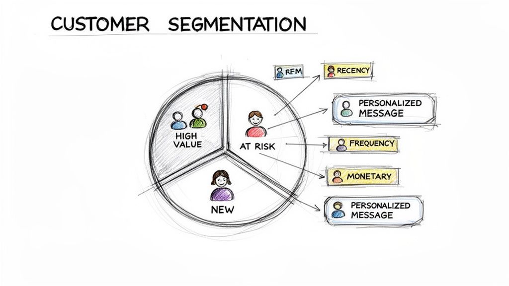 Customer segmentation diagram showing High Value, At Risk, and New segments with RFM elements and personalized messages.