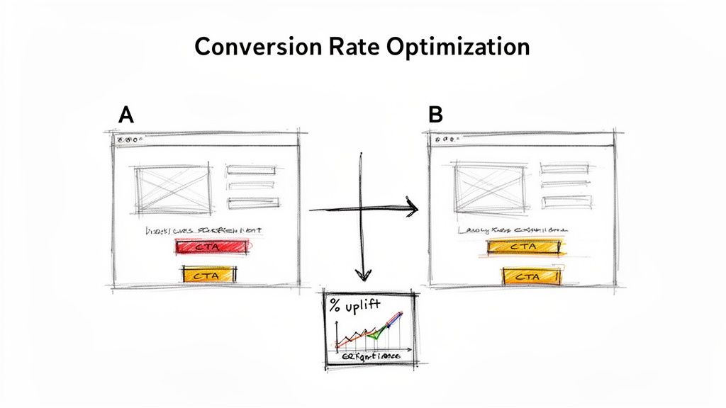 Diagram illustrating A/B testing for Conversion Rate Optimization, comparing two webpage designs.