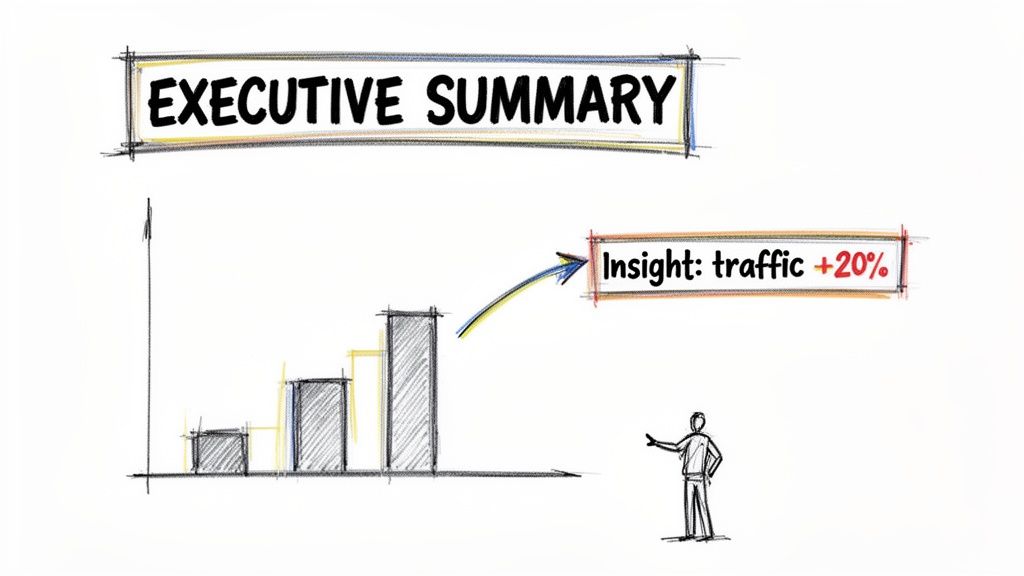 Hand-drawn executive summary with a bar chart showing growth and 20% traffic increase insight.