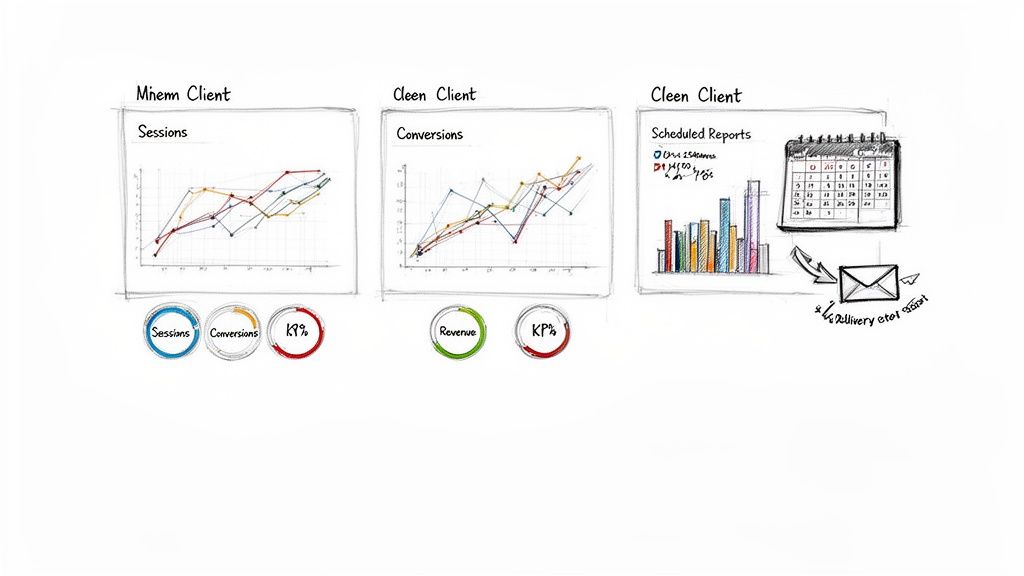 Hand-drawn sketches of data dashboards with line graphs, bar charts, and gauges for client performance.