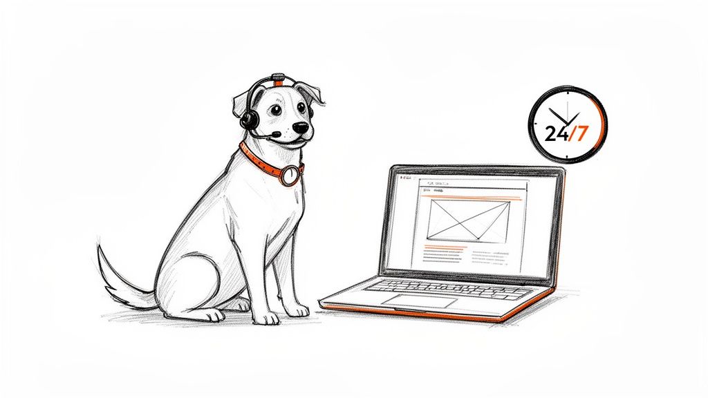 A friendly cartoon dog with a headset sits next to a laptop, symbolizing 24/7 website support.