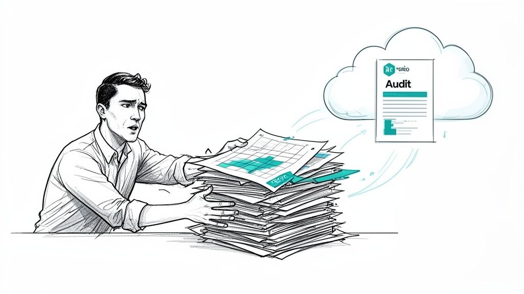 Stressed man overwhelmed by a large stack of physical audit papers, contrasting with a digital cloud audit.