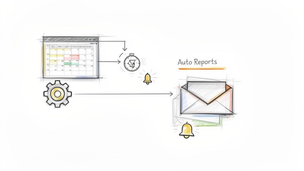 Diagram illustrating automated report generation: calendar and settings lead to timed notifications and email delivery.