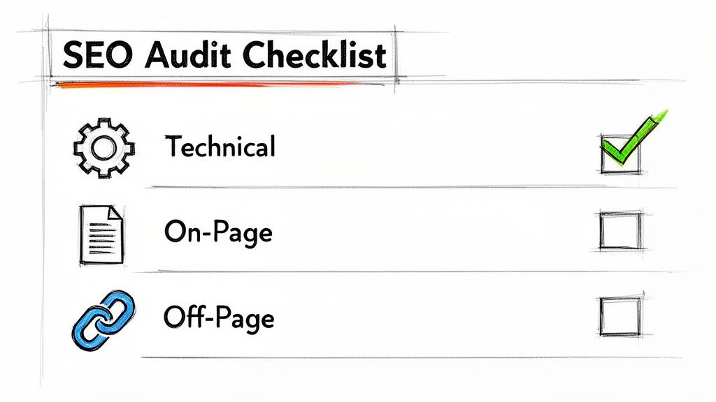 An SEO audit checklist showing technical, on-page, and off-page categories. The technical item is checked.