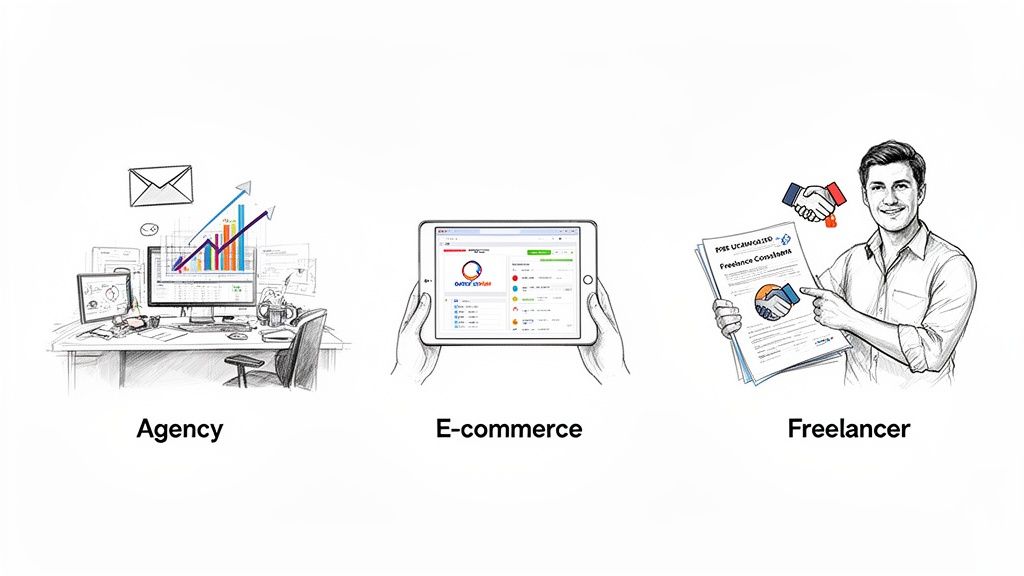Illustrations of agency desk, e-commerce tablet, and freelancer with contract, representing diverse business applications.