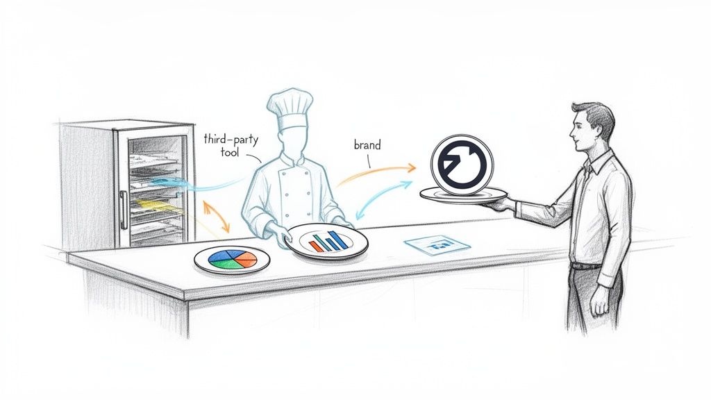 A chef, a third-party tool, transforms raw data into branded reports and delivers them to a client.