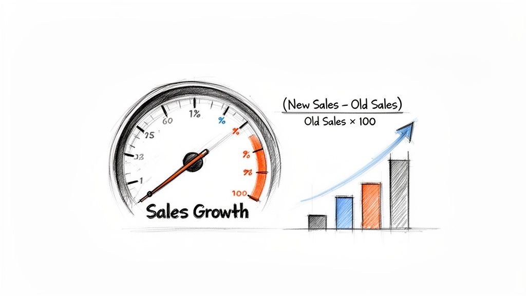 A sketch showing a sales growth gauge, its formula, and a bar chart illustrating increasing sales.