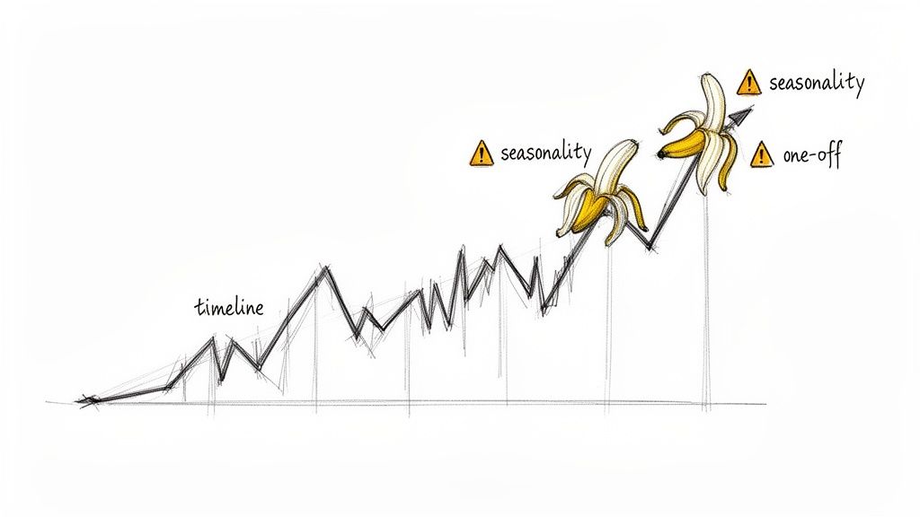 Hand-drawn line graph illustrating a timeline with an upward trend, highlighting seasonality and one-off events.