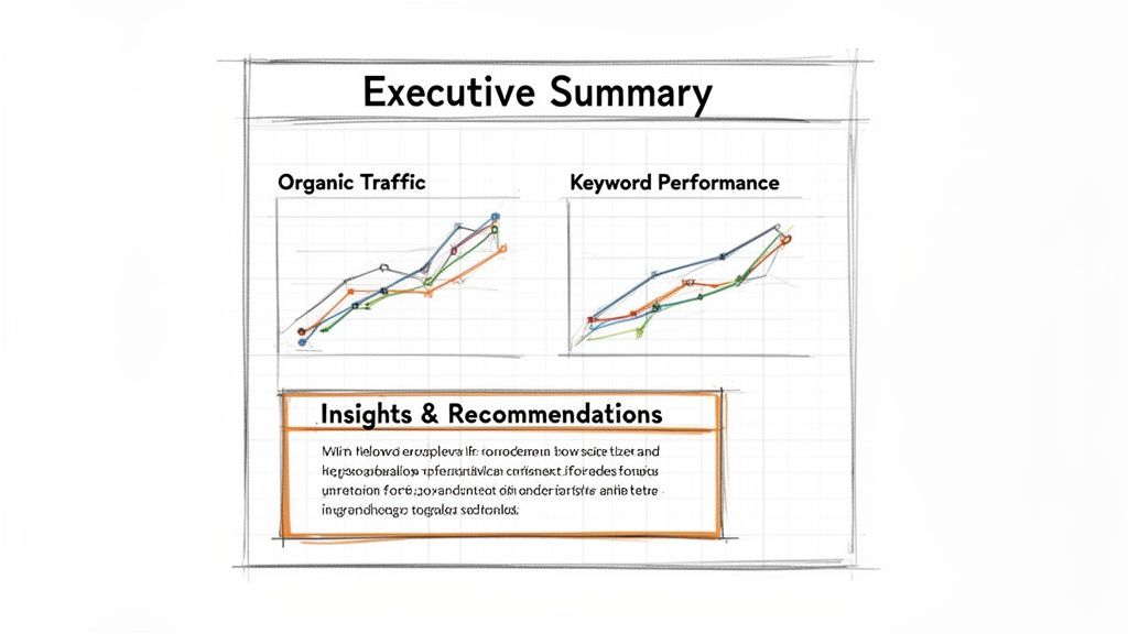 Hand-drawn executive summary report with graphs for organic traffic and keyword performance, plus recommendations.