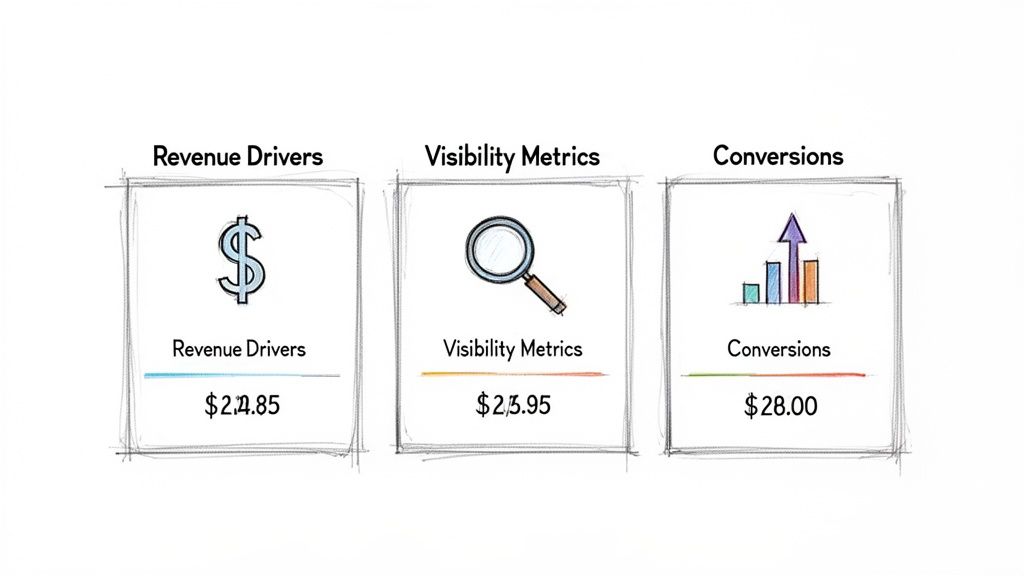 Three dashboard cards showing revenue drivers ($24.85), visibility metrics ($23.95), and conversions ($28.00).