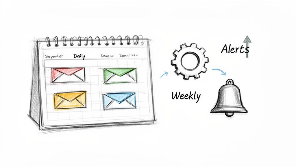 Sketch of a daily planner with colorful mail envelopes, a gear labeled 'Weekly', and a bell for 'Alerts'.