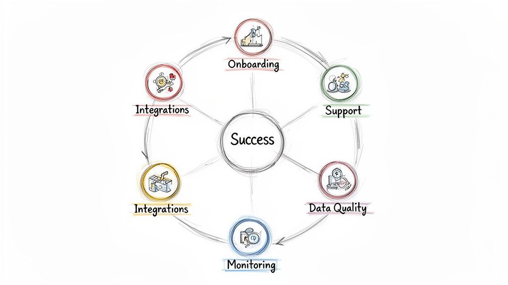 A diagram illustrating a success cycle with key stages: onboarding, support, data quality, monitoring, and integrations.