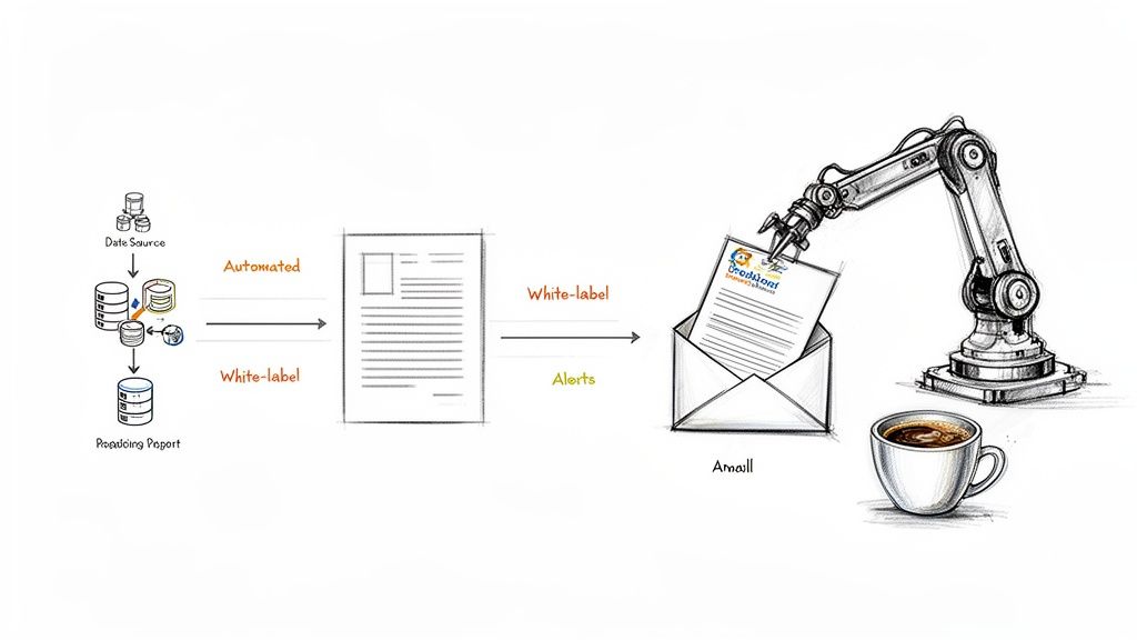 Diagram showing automated white-label report generation from data sources, with a robotic arm delivering email alerts.