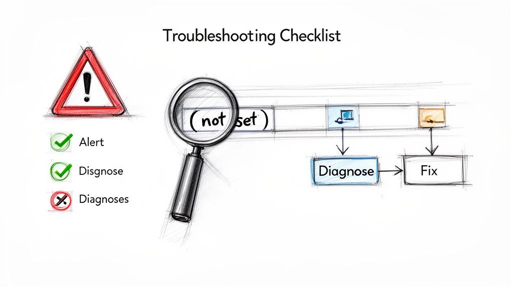 Illustration of a troubleshooting checklist, showing alert, diagnosis, and a process to fix issues.