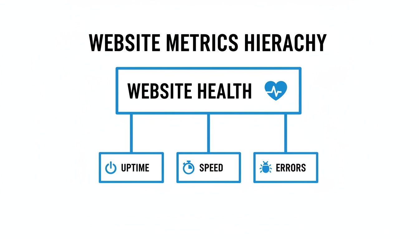 Website metrics hierarchy diagram showing website health broken down into uptime, speed, and errors.